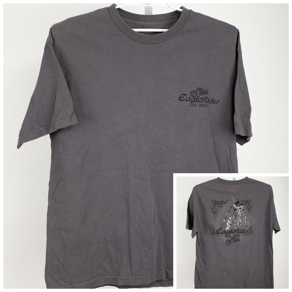 EagleRider Motorcycle Graphic T-Shirt Mens XL Gray Skeleton Poker Biker Tee